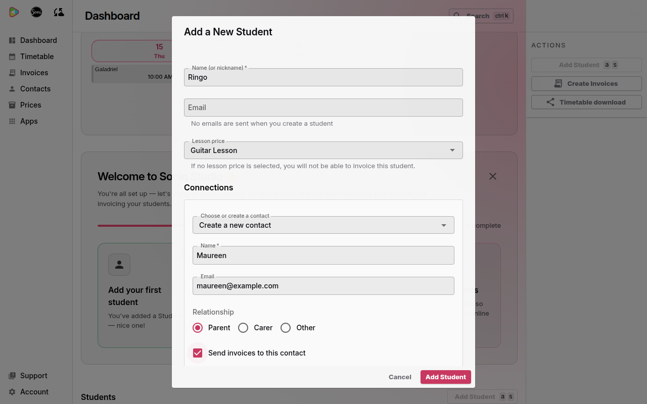 The Add a New Student dialog with Ringo as the student, the Guitar Lesson price, and Maureen added under Connections as a Parent who receives the invoices