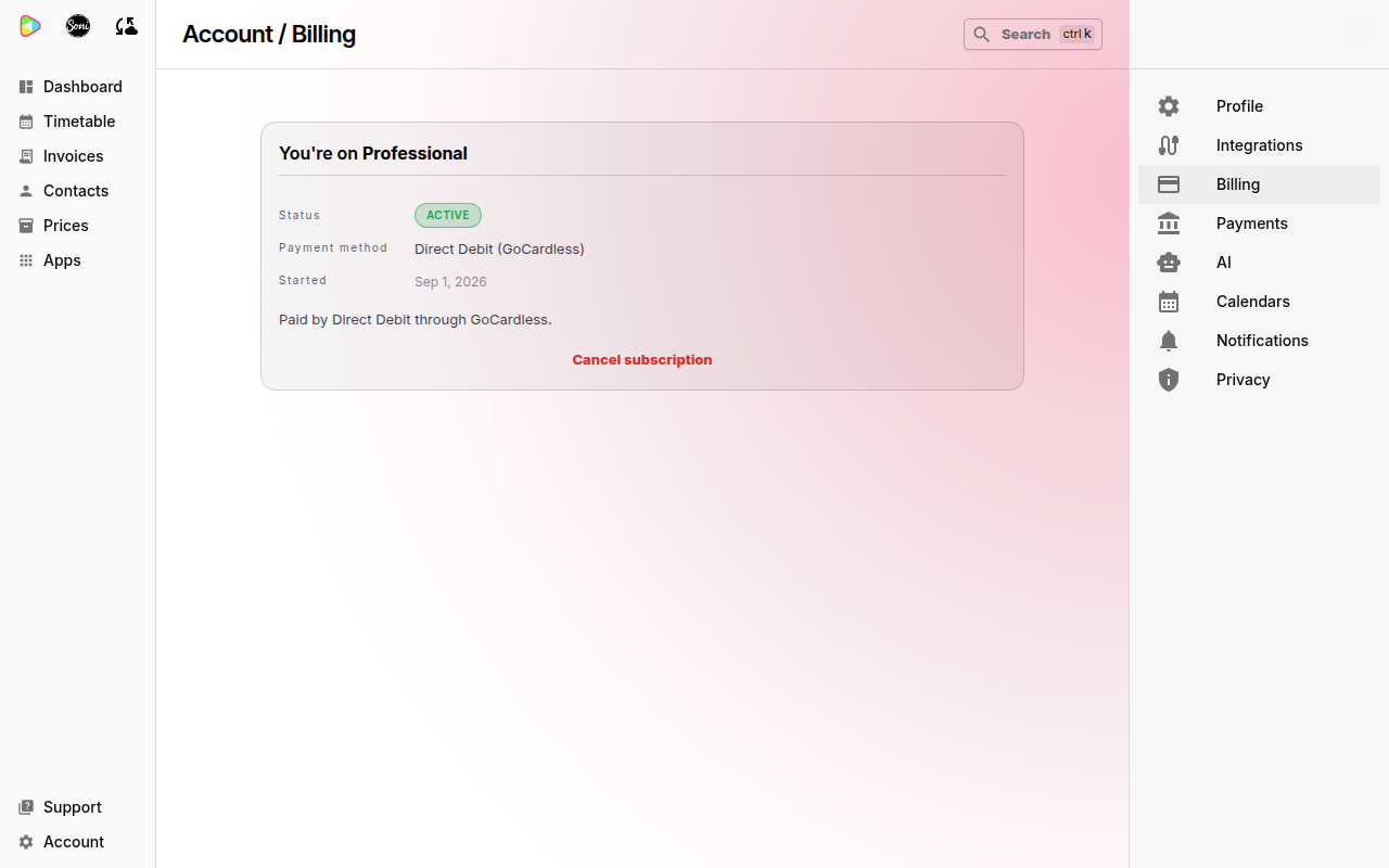 The Billing page showing You’re on Professional, status Active, paid by Direct Debit through GoCardless
