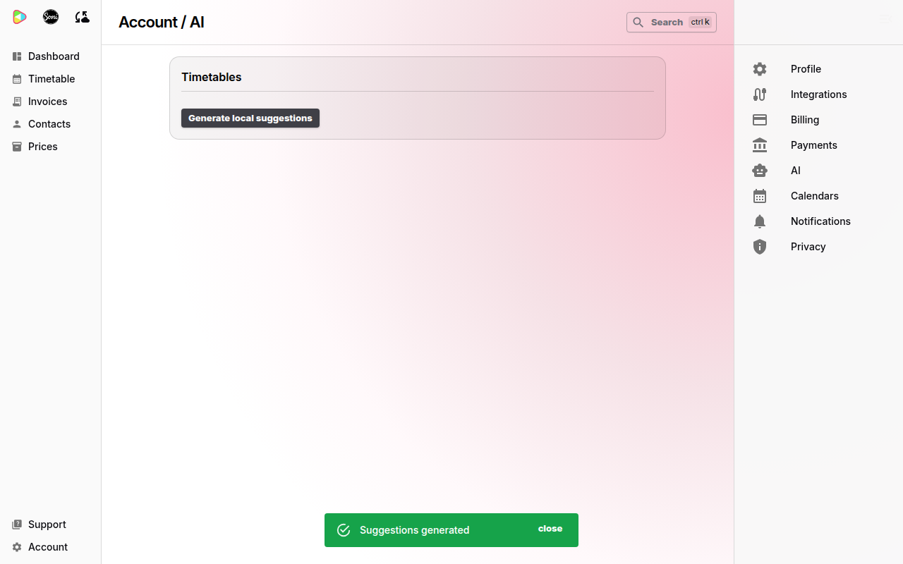 The Account AI page with a green Suggestions generated message