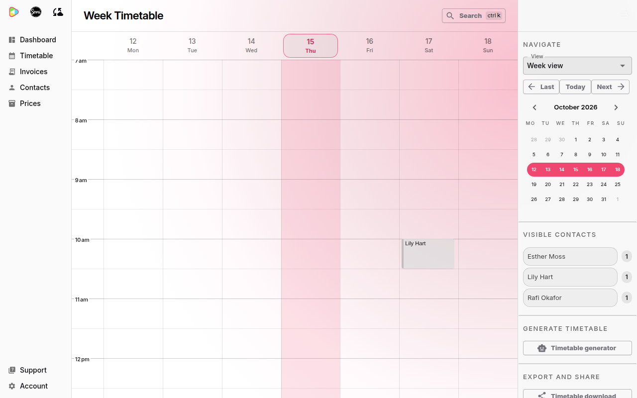 The timetable with the Generate Timetable panel and the Timetable generator button on the right