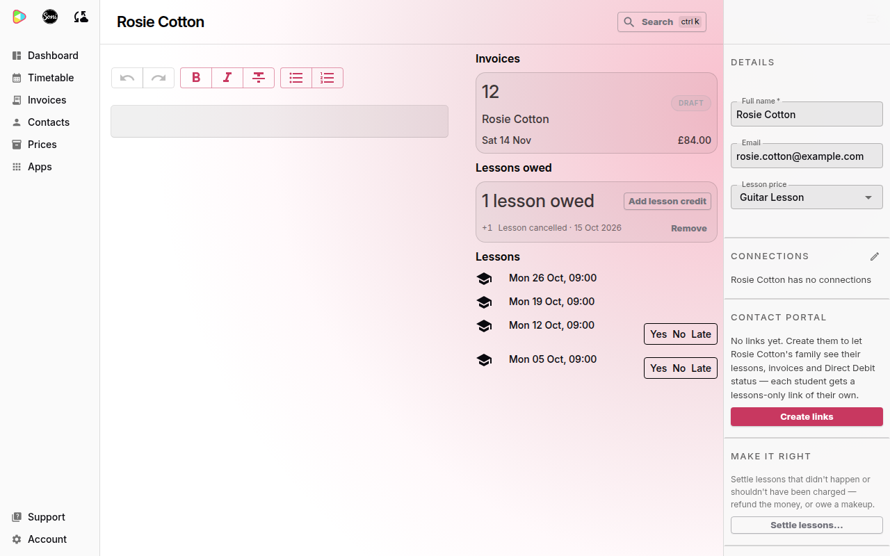 Rosie Cotton’s contact page with 1 lesson owed in the Lessons owed panel