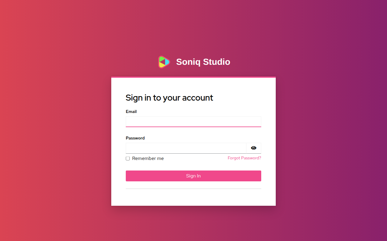 The Soniq Studio sign-in page with Email and Password fields, Remember me and Forgot Password?