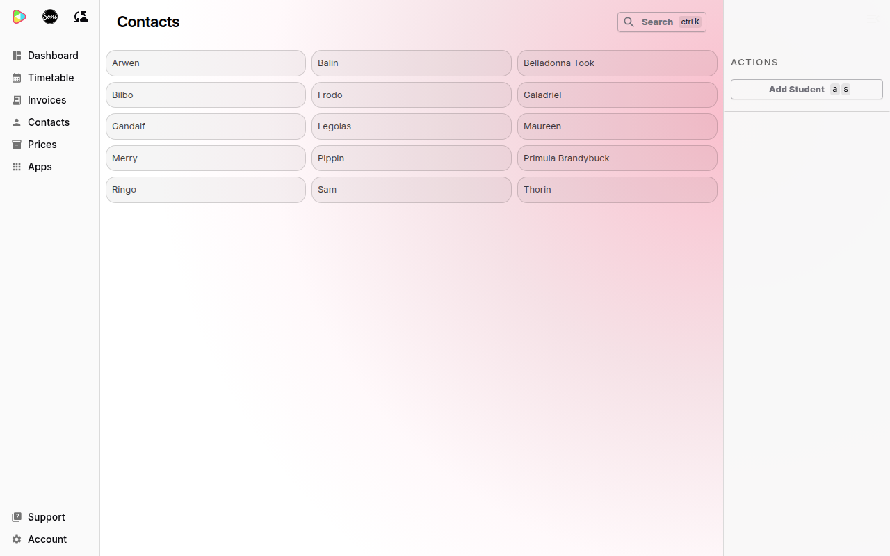 The Contacts page with every contact as a card in alphabetical order and the Add Student action on the right
