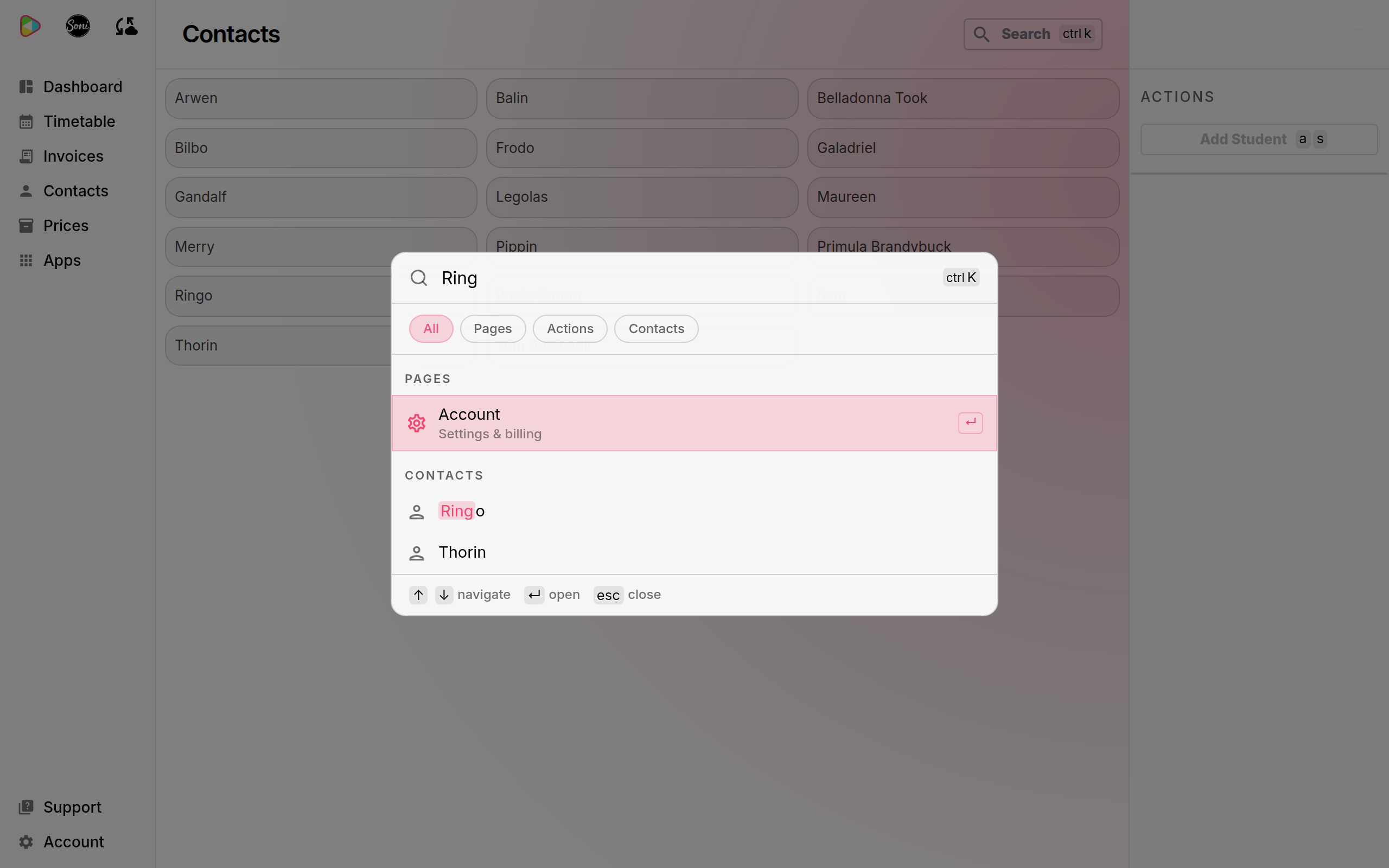 The search box with Ring typed in and Ringo listed under Contacts