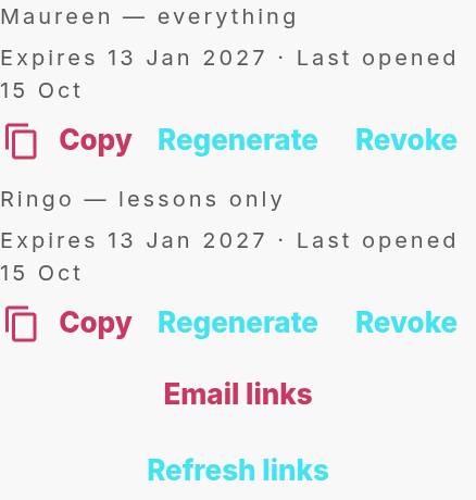 The Contact portal section with Maureen — everything and Ringo — lessons only, each with an expiry date and Last opened 15 Oct