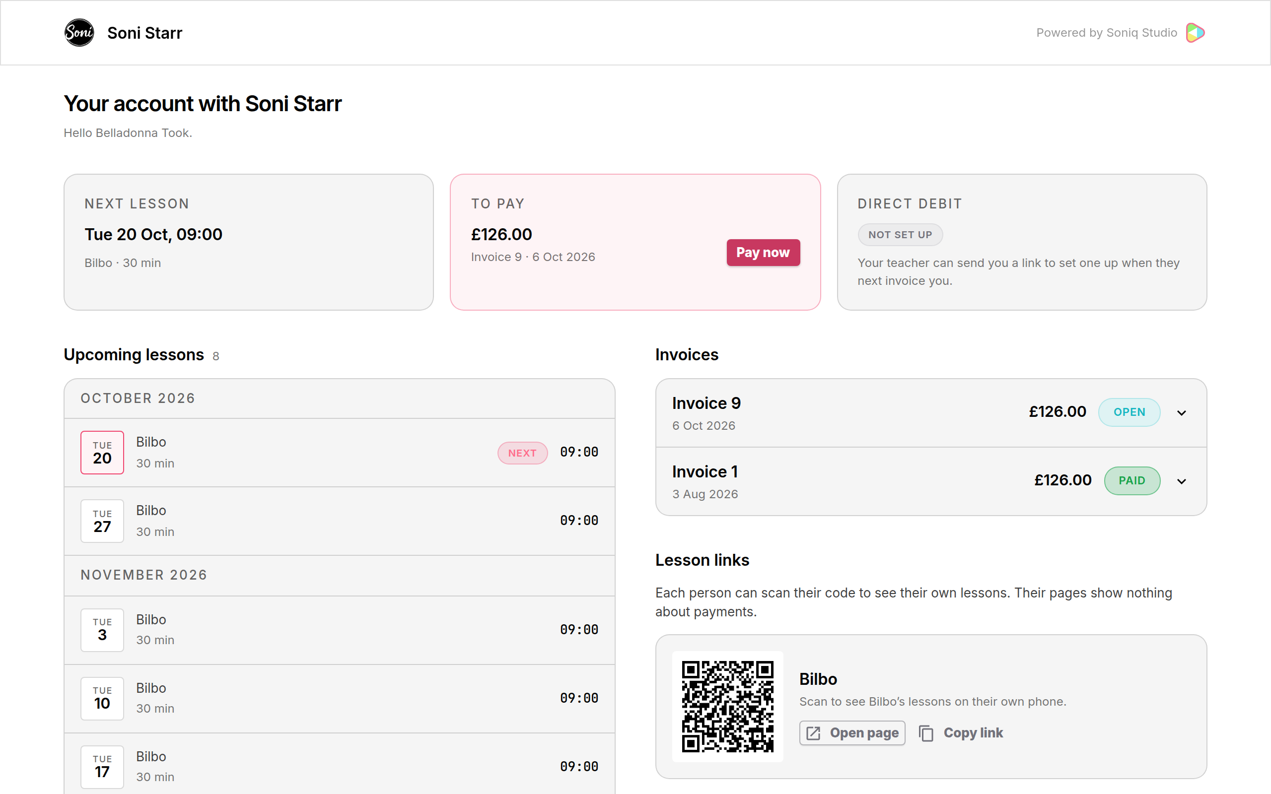 A payer’s portal page with the Next lesson, To pay and Direct Debit cards, upcoming lessons for Bilbo, two invoices marked Open and Paid, and Bilbo’s QR code