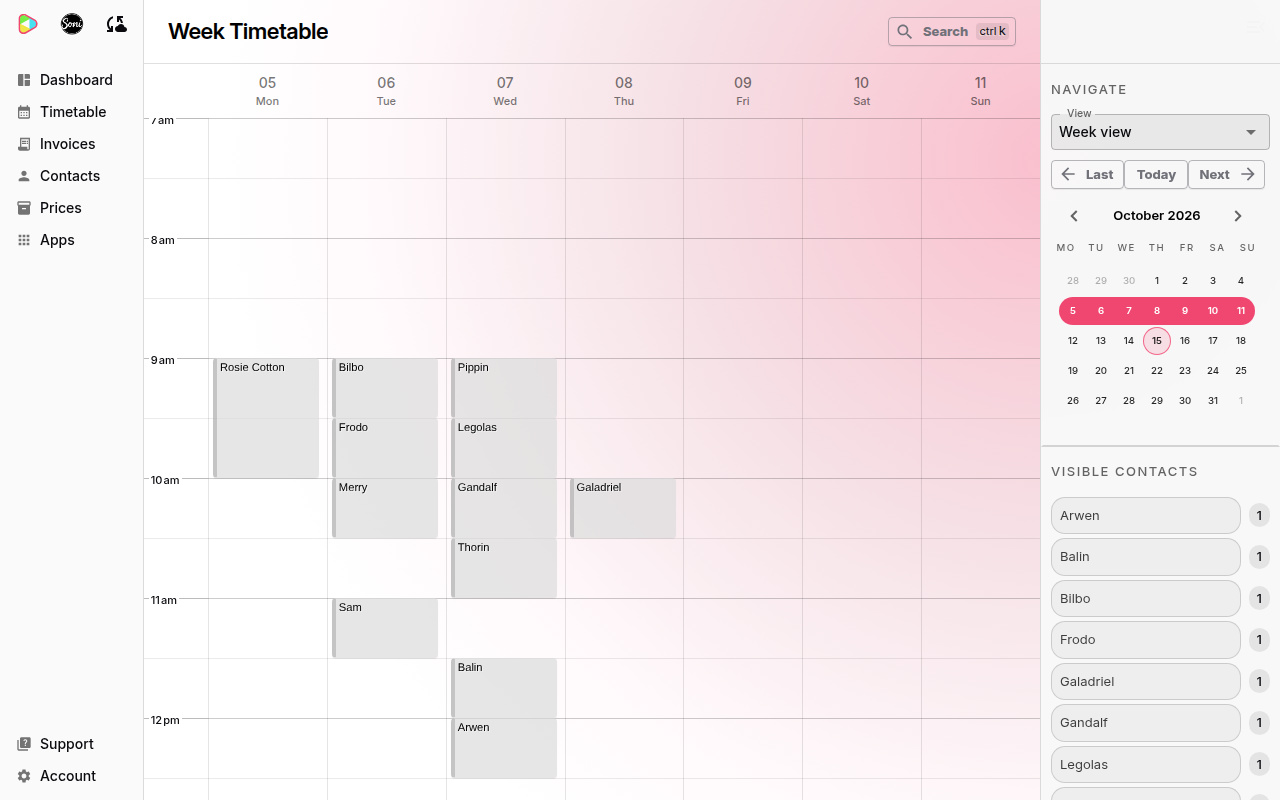 The timetable with the Visible Contacts panel listing each student and a lesson count