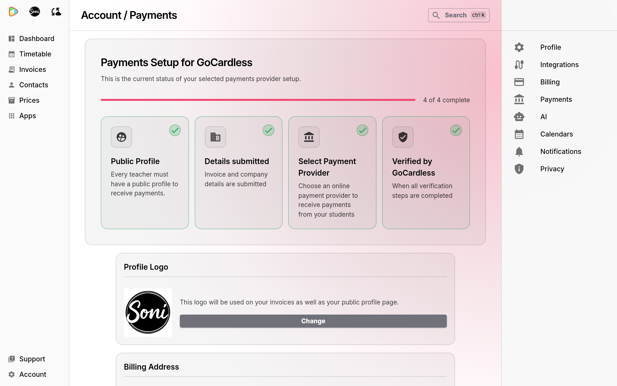 The Payments Setup for GoCardless card with all four steps ticked: 4 of 4 complete