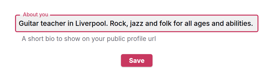The About you field with a one-line bio about guitar teaching in Liverpool