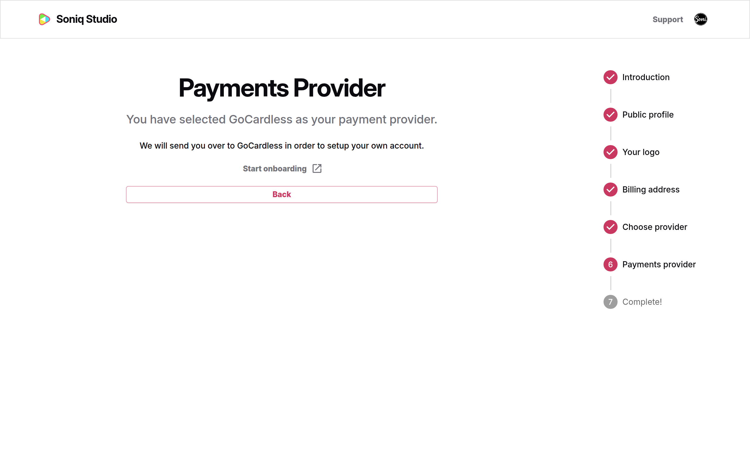 The Payments Provider step saying GoCardless is selected, with the Start onboarding button