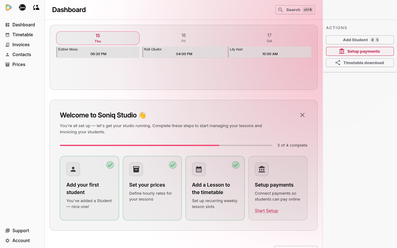 The dashboard shows Esther on Thursday, Rafi on Friday and Lily on Saturday, and the checklist shows 3 of 4 complete
