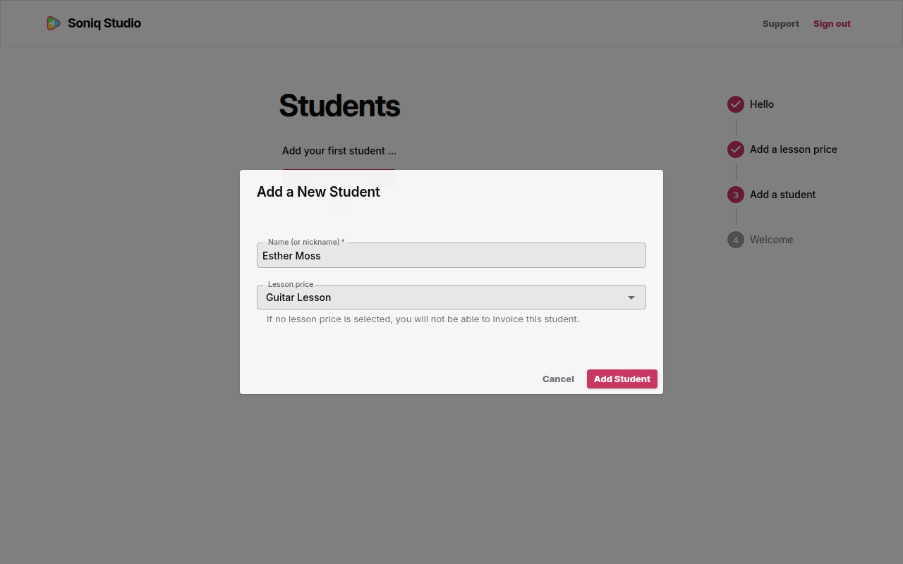 The Add a New Student dialog with Esther Moss as the name and Guitar Lesson as the lesson price