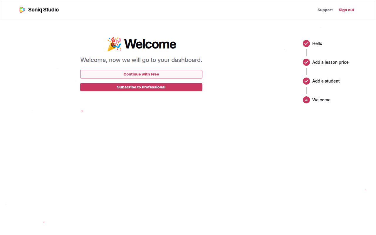 The Welcome step with two buttons: Continue with Free and Subscribe to Professional
